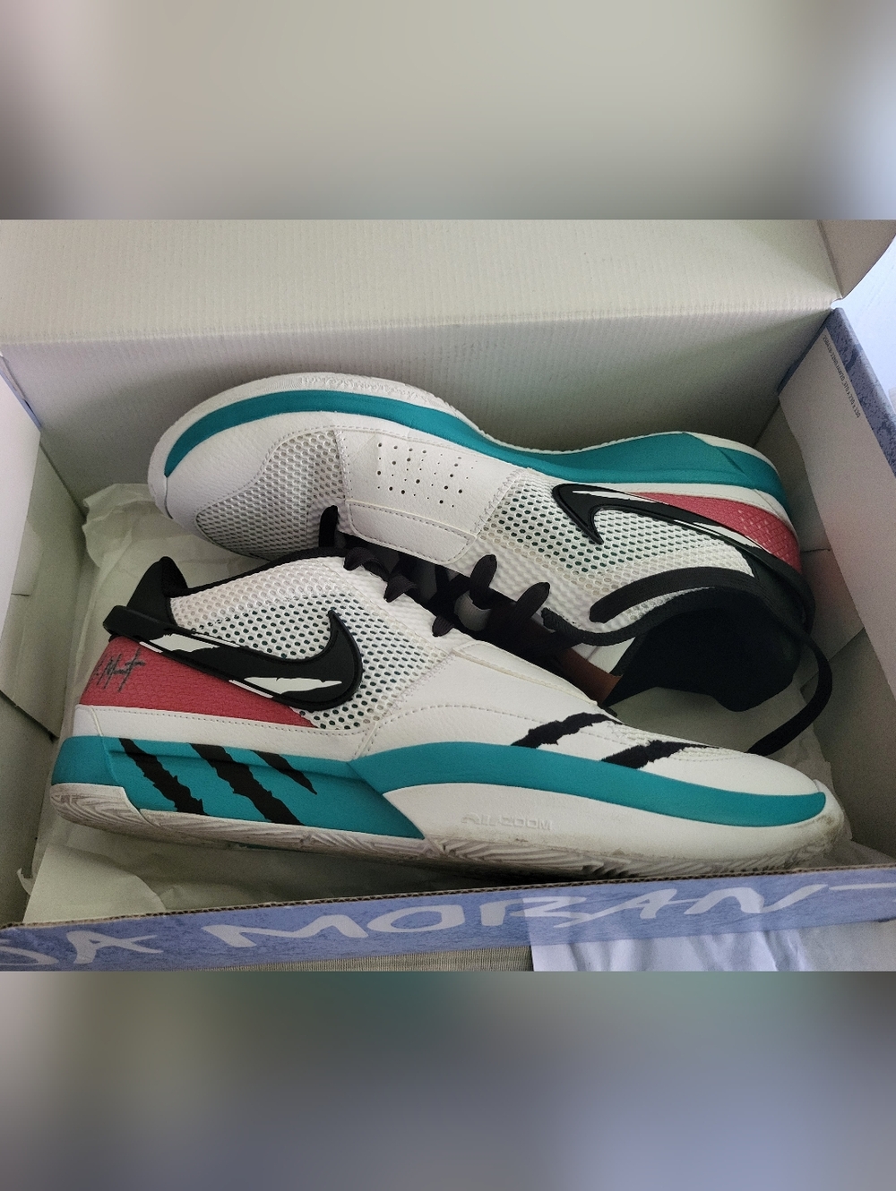Nike JA 1 Reverse Scratch White Teal Accent Athletic Sneakers